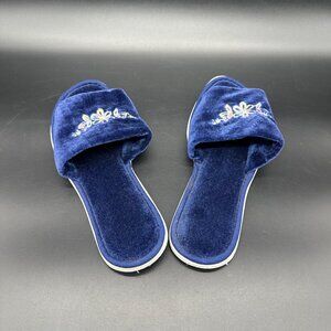 Vintage House Shoes Slippers Womens Medium Blue Floral Embroidery Size 6.5-7.5